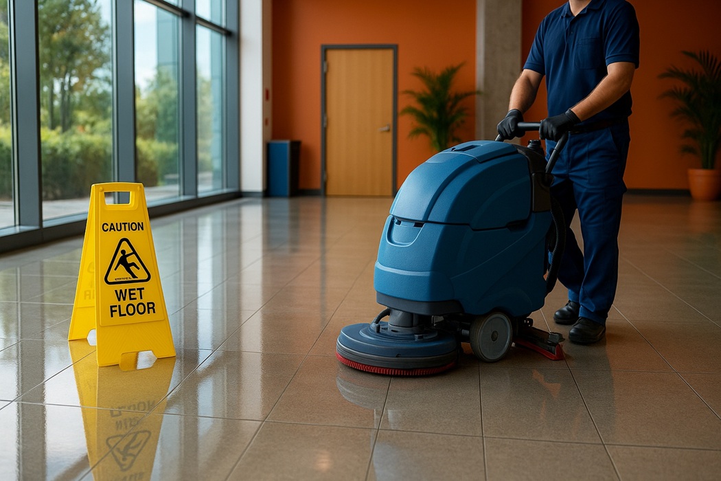 Profesjonalne czyszczenie posadzek – operator prowadzi szorowarkę w lobby biurowym; lśniące płytki i znak „Mokra podłoga”.