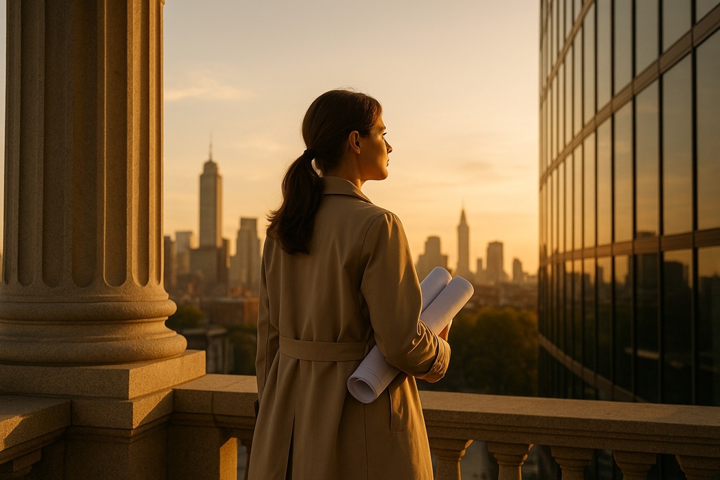 Kobieta a architektura – symboliczne, majestatyczne ujęcie: kobieta-architekt z planami na tarasie z kolumną, panorama miasta o zachodzie słońca w tle.