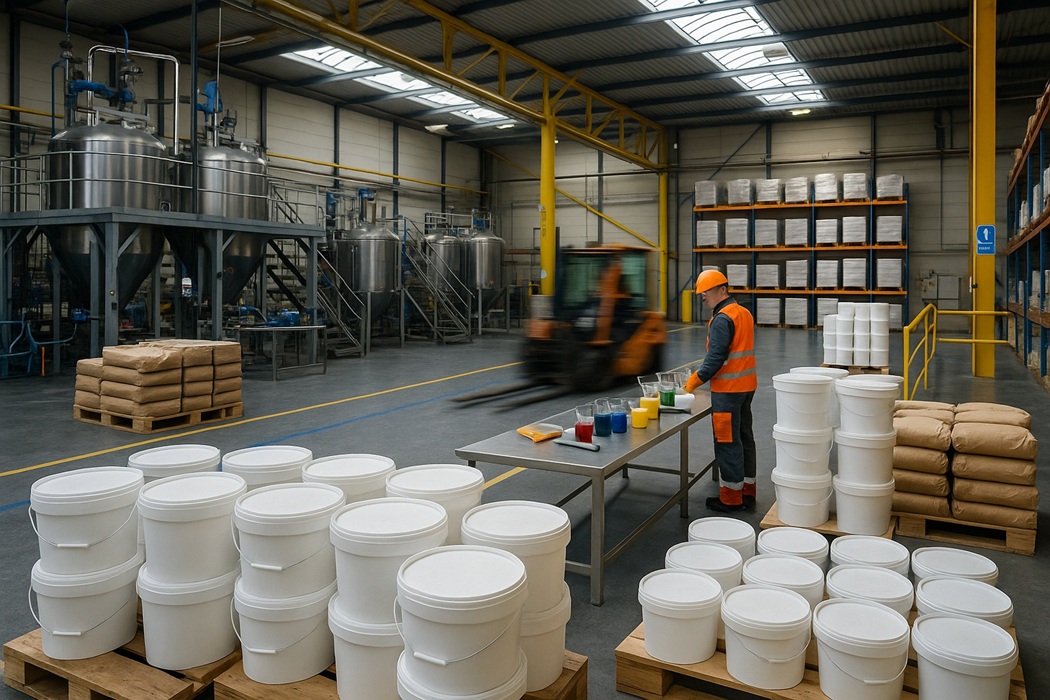 Hala producenta chemii budowlanej – zbiorniki, balustrady techniczne, palety z pojemnikami.