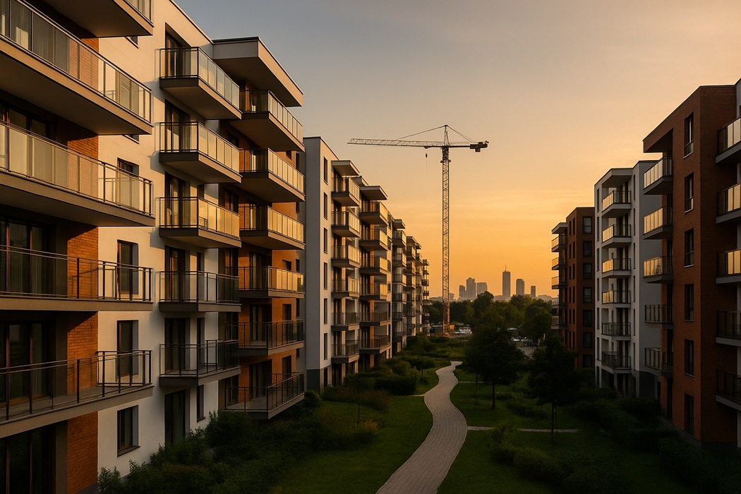 Nowoczesne osiedle mieszkaniowe Develia przy zachodzie słońca, widok na budynki i dźwig budowlany.
