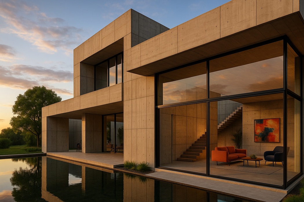Beton architektoniczny – nowoczesne elewacje i wnętrza: dom z surowych płyt betonowych, duże przeszklenia, minimalistyczny salon, odbicie w wodzie o zachodzie słońca.