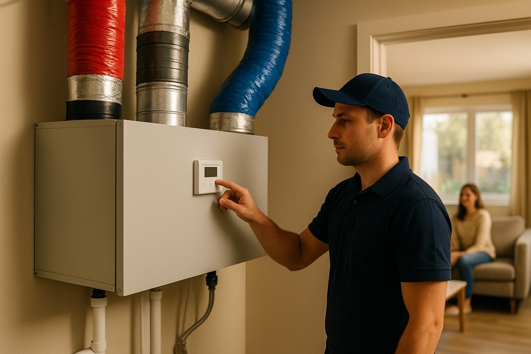 Rekuperacja w domu jednorodzinnym – technik reguluje centralę wentylacji mechanicznej z odzyskiem ciepła (HRV), szerokie, barwne ujęcie.