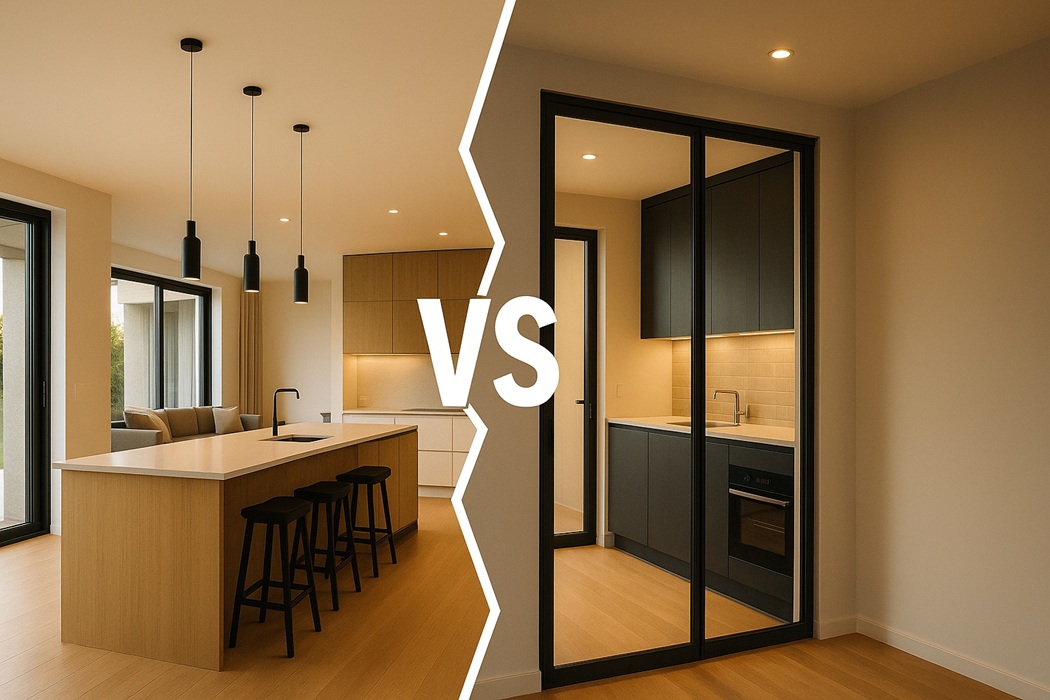 Kuchnia otwarta czy zamknięta – co wybrać?: szerokie porównanie „kuchnia otwarta vs zamknięta” przedzielone białą zygzakowatą linią z napisem VS; po lewej otwarta kuchnia z wyspą, po prawej zamknięta za przeszklonymi drzwiami – nowoczesne wnętrza.