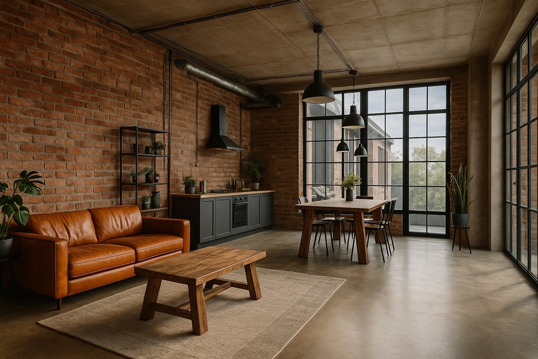 Styl industrialny w domu – loftowe wnętrze z cegłą, betonowym sufitem, dużymi czarnymi oknami, skórzaną sofą, drewnianym stołem i lampami wiszącymi; otwarta strefa salonu z jadalnią.