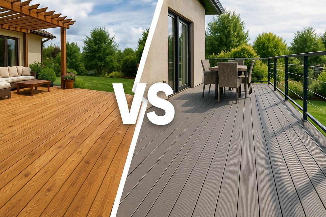 Taras drewniany czy kompozytowy?: szerokie porównanie „VS” – po lewej taras z naturalnego drewna z pergolą i zielenią ogrodu, po prawej taras z szarych desek kompozytowych z balustradą.