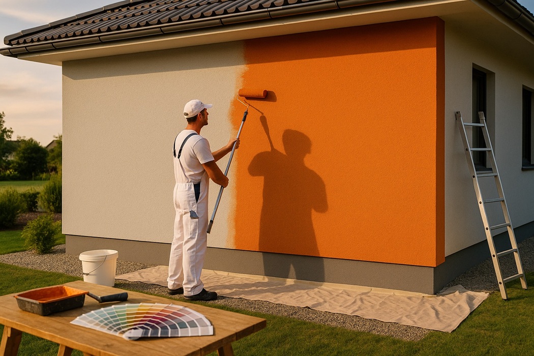 Czy tynk mineralny trzeba malować – przykład: elewacja w trakcie prac, malarz w bieli, intensywny pomarańczowy kolor.