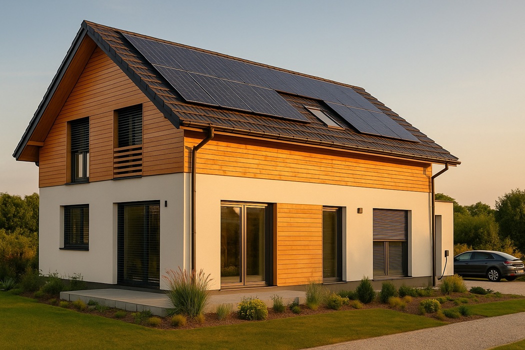Dom pasywny jednorodzinny – panele słoneczne na dachu, minimalistyczna architektura, ogród i podjazd.