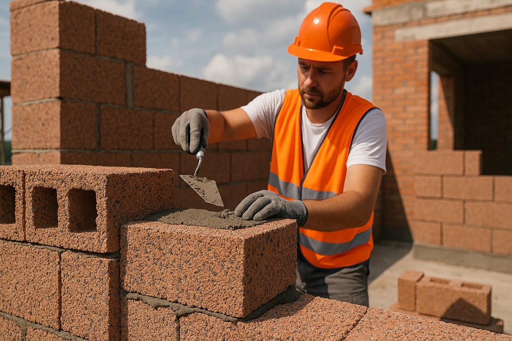 Pustaki keramzytowe na budowie – murarz w kasku nakłada zaprawę kielnią na bloczek.