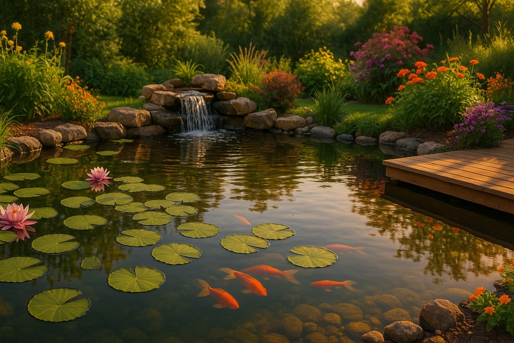 Małe oczko wodne w ogrodzie – żwirowe dno, półki roślinne, kwitnące rabaty wokół.