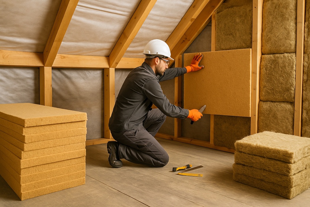 Izolacja ekologiczna poddasza – montaż wełny drzewnej i mat konopnych w ścianie szkieletowej.