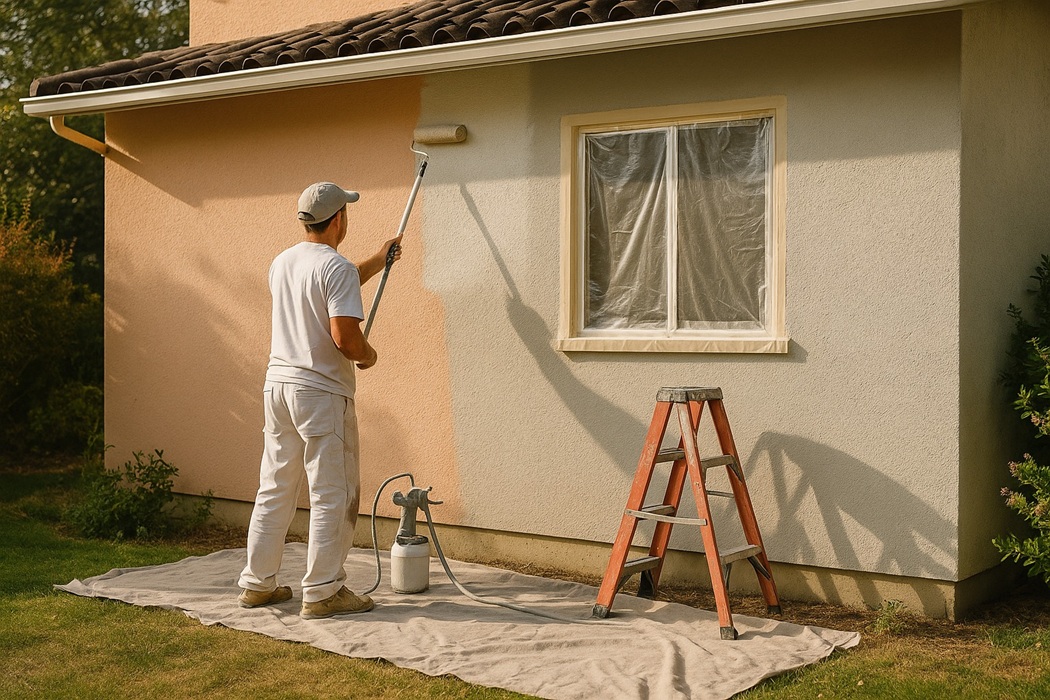 Odnowa elewacji krok po kroku – wałek, folia na oknie, praktyczna i ekonomiczna zmiana koloru.