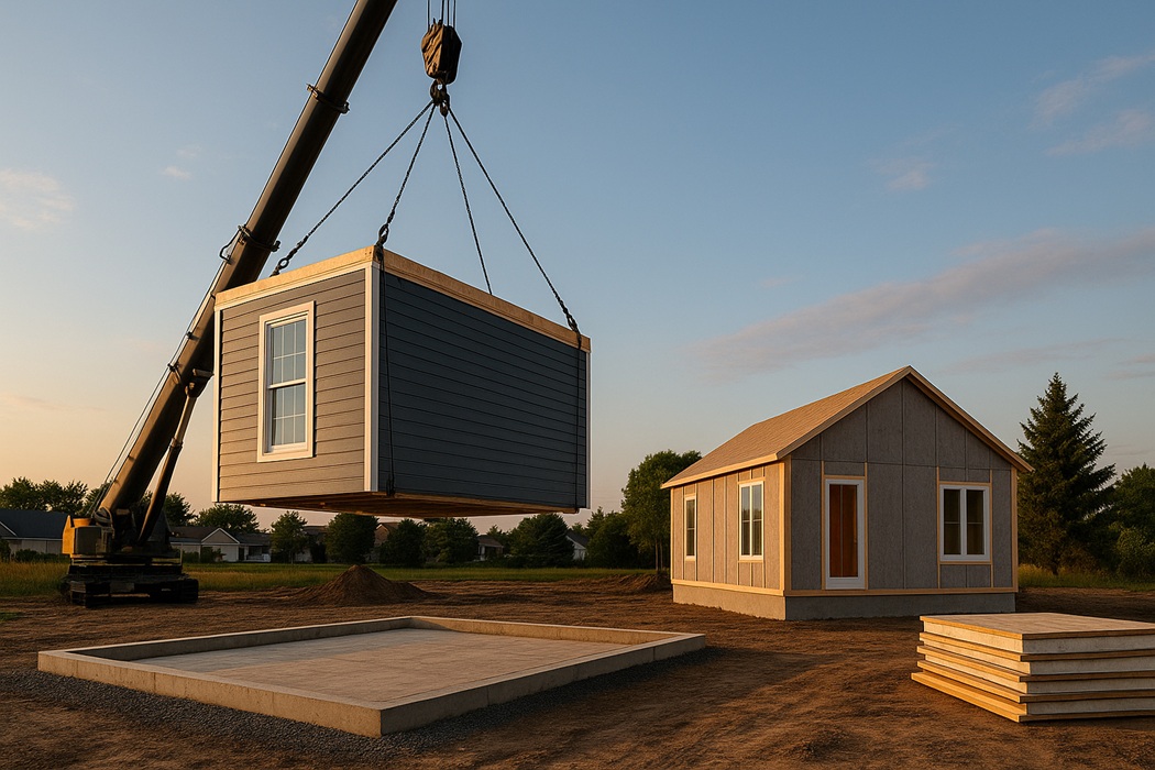 Dom modułowy – dźwig opuszcza prefabrykat na płytę fundamentową, szybka budowa, bez ludzi.