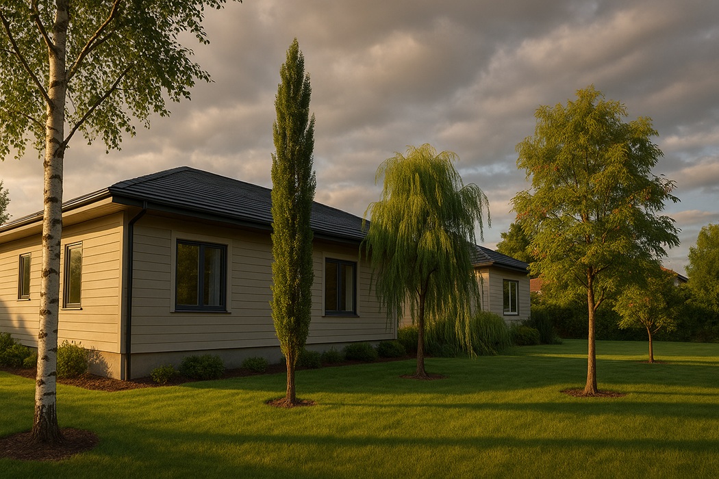 Jakie drzewa szybko rosną przy domu – młode brzozy, topola lombardzka, wierzba i jarząb przy nowoczesnym domu o złotej godzinie.
