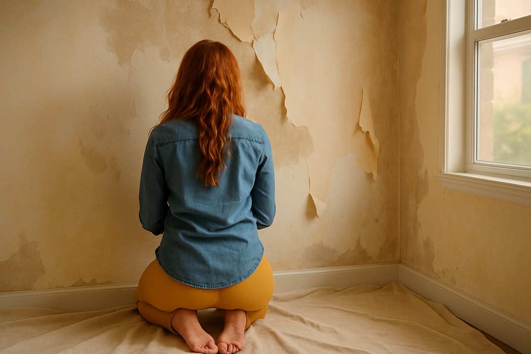 Jak zerwać tapetę – klęcząca sylwetka przy zniszczonej ścianie, domowa renowacja.