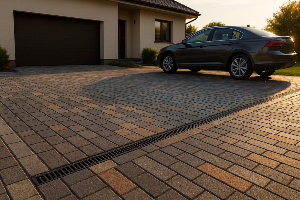 Kostka brukowa na podjazd przed domem – elegancki wzór w szarościach i beżach z odwodnieniem liniowym i zaparkowanym samochodem.