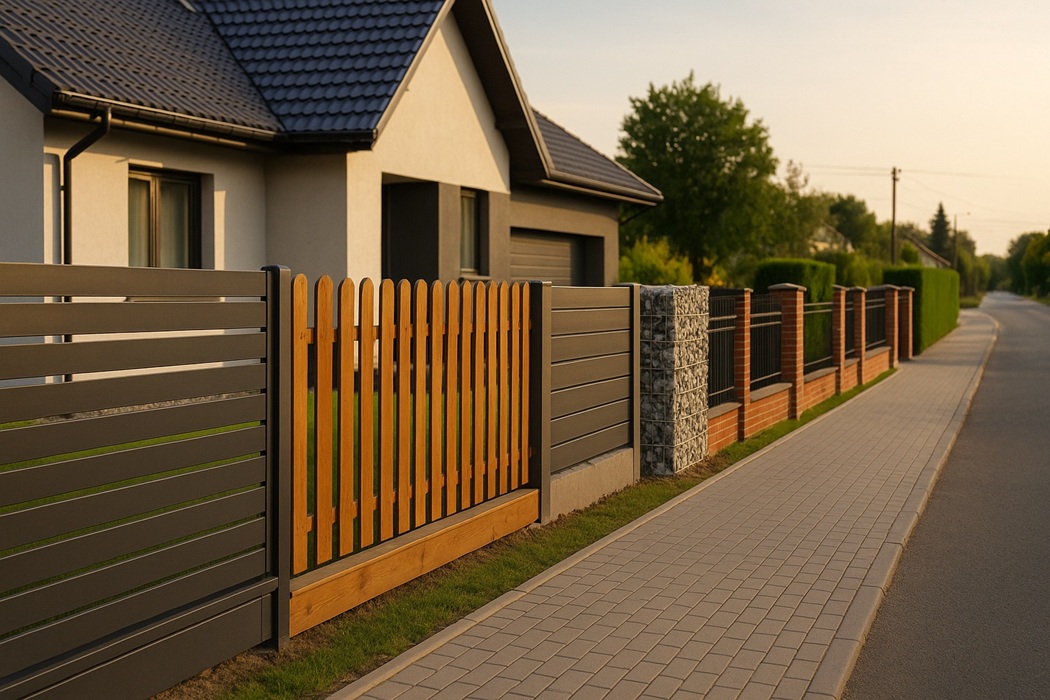 Jak wybrać ogrodzenie – szerokie, poziome ujęcie: panele aluminiowe, drewniany płotek, gabion, cegła przy nowoczesnym domu.