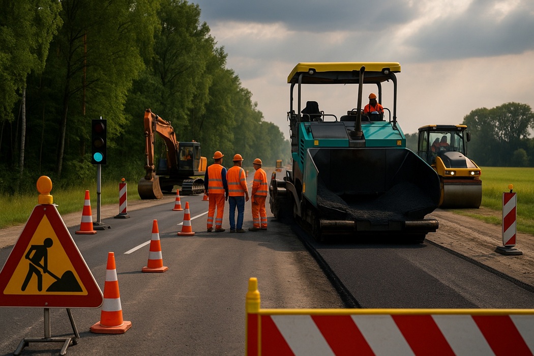 Remont trasy wojewódzkiej – układarka asfaltu pracuje, odgrodzony pas ruchu.