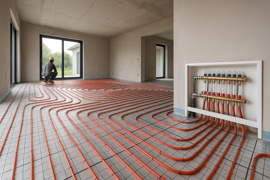 Ogrzewanie podłogowe – montaż: rury PEX ułożone w pętle na izolacji, ścienny rozdzielacz w nowym domu, szeroki realistyczny kadr, bez napisów.