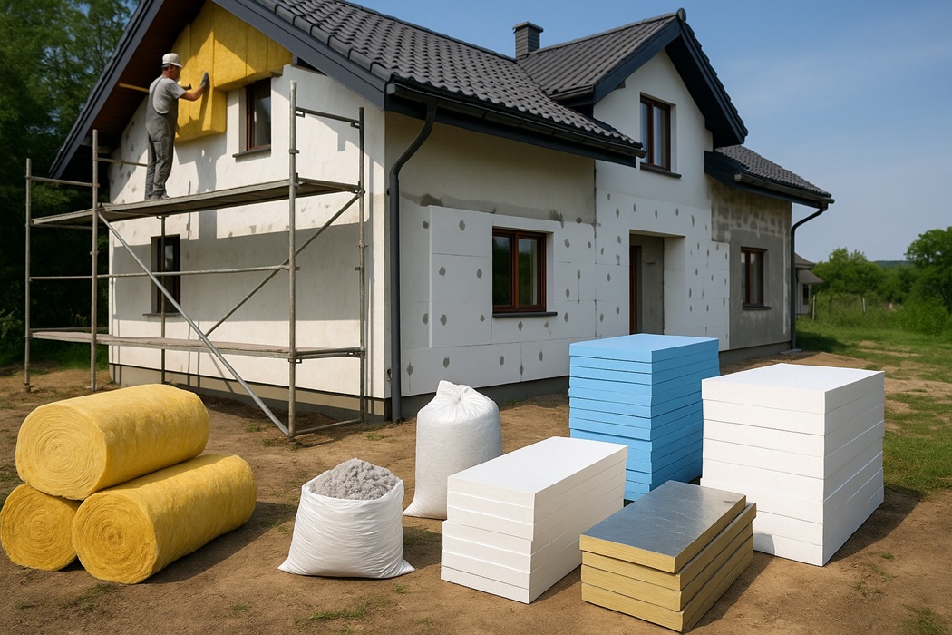 Materiały do ocieplenia elewacji – wełna, styropian, XPS, PIR i celuloza przy nowoczesnym domu.