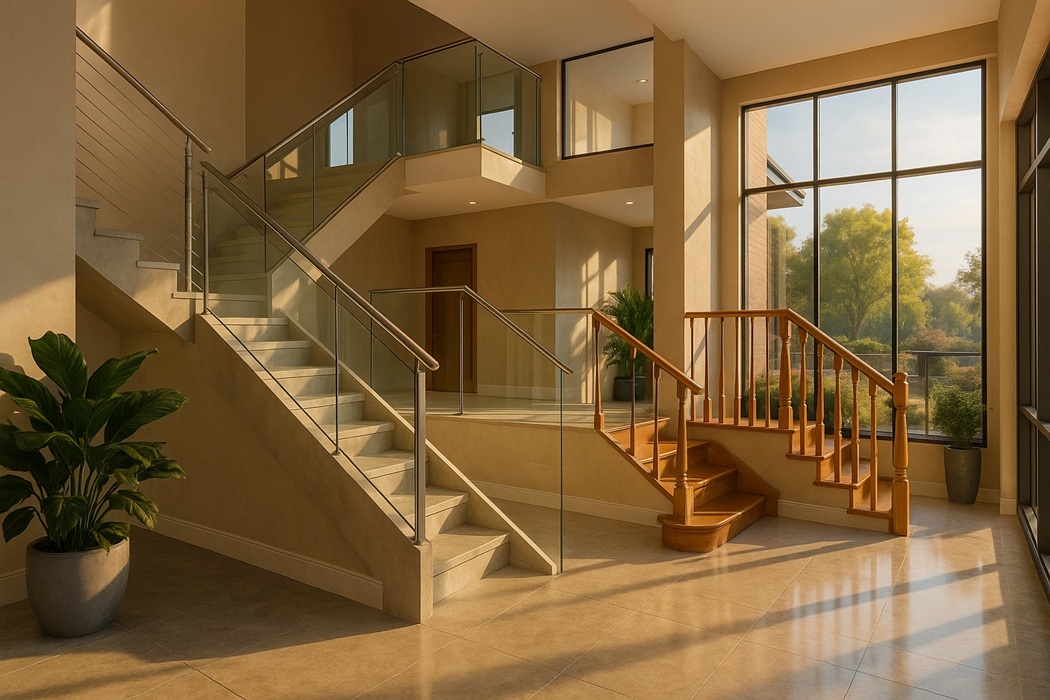 Balustrady metalowe, szklane i drewniane na nowoczesnych schodach w jasnym atrium – porównanie rodzajów.