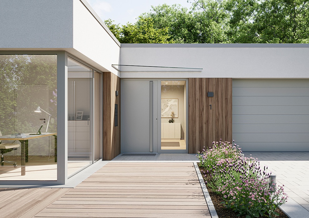 Drzwi zewnętrzne wykonane z aluminium, takie jak ThermoSafe czy ThermoCarbon są świetne do domów o wysokich wymaganiach termoizolacyjnych – energooszczędnych i pasywnych, fot. Hörmann