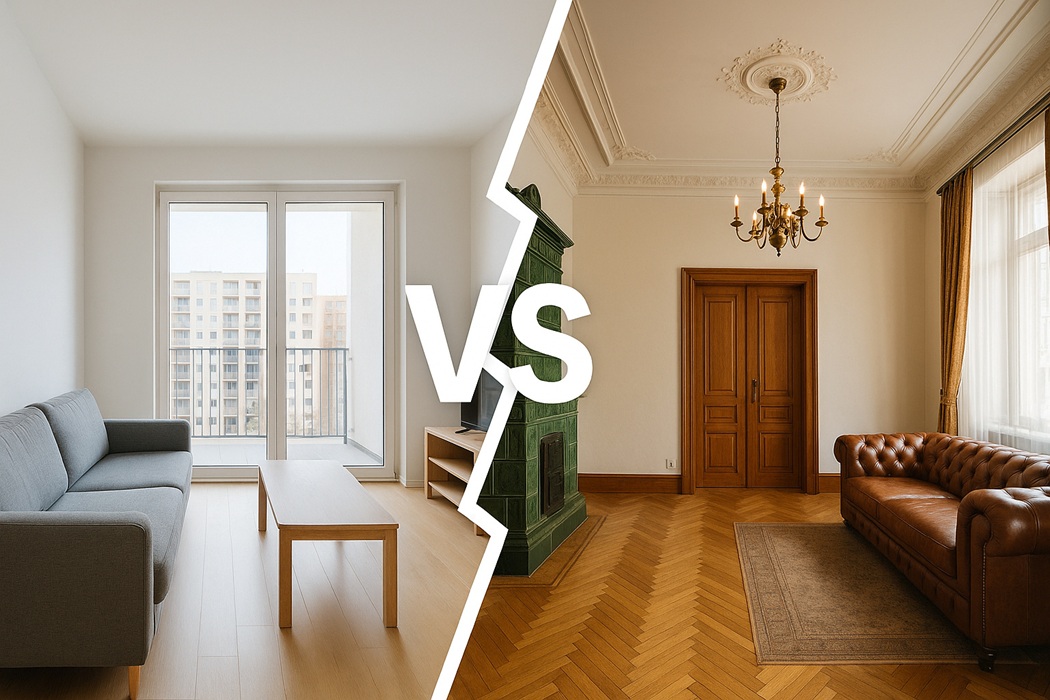 Mieszkanie w bloku vs mieszkanie w kamienicy – realistyczne porównanie salonów, zygzakowata linia rozdzielająca, szeroki kadr.