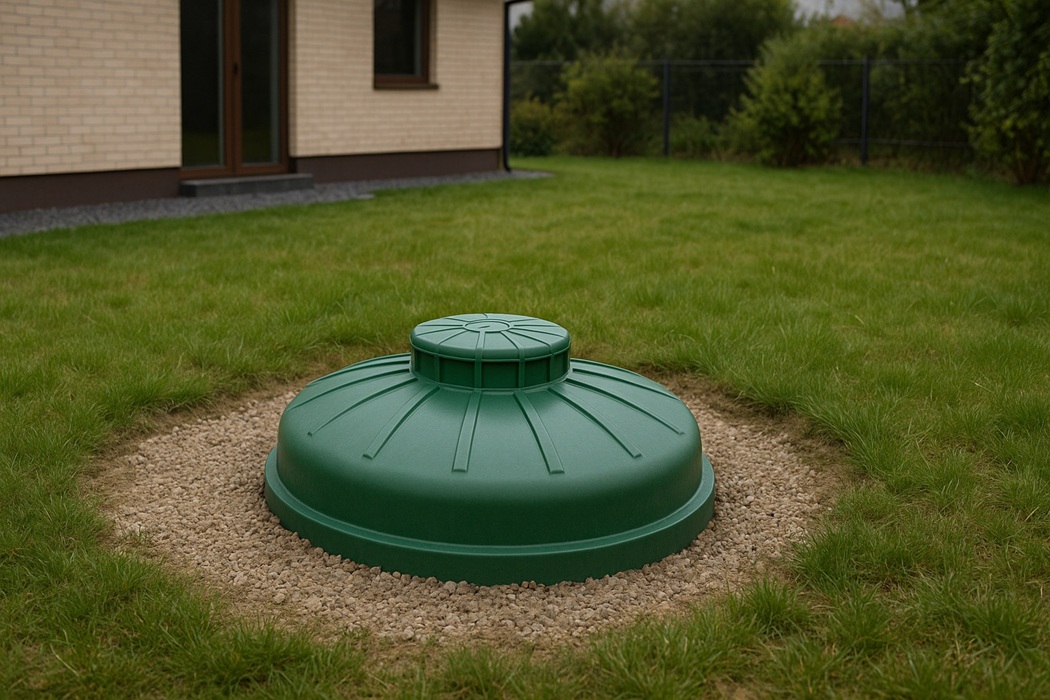 Przydomowa oczyszczalnia ścieków – zielona pokrywa na trawniku przy domu jednorodzinnym, realistyczne ujęcie, szeroki kadr w pochmurny dzień.
