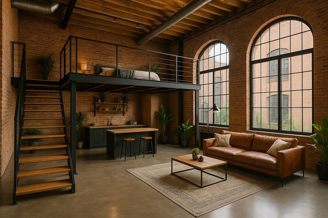 Loft: antresola z balustradą, poniżej kuchnia i salon; ceglane ściany, łukowe okna, klimat industrialny.