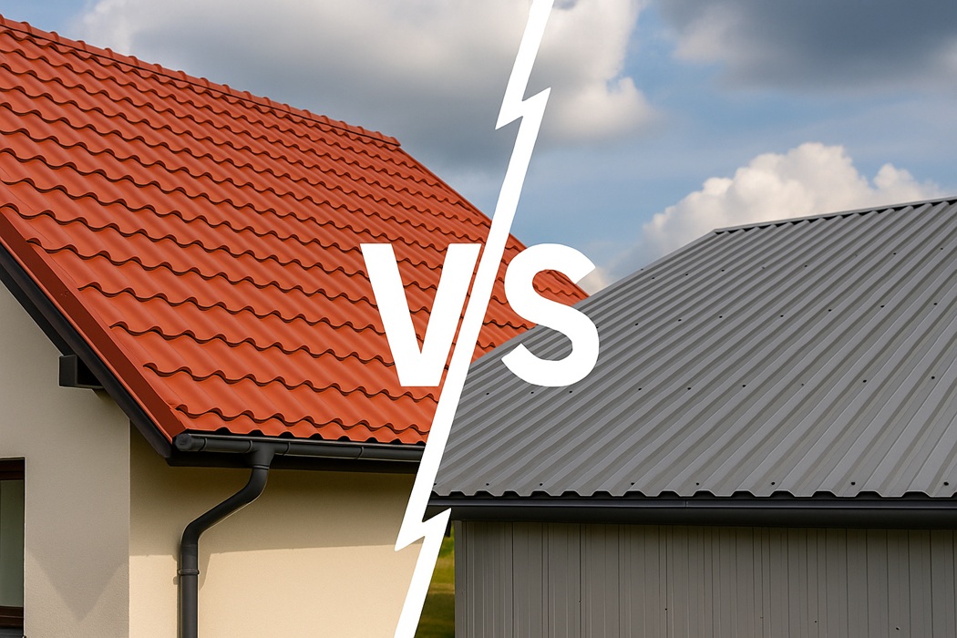 Blachodachówka vs blacha trapezowa – realistyczne porównanie dwóch pokryć dachowych w jednym kadrze, podział zygzakiem.