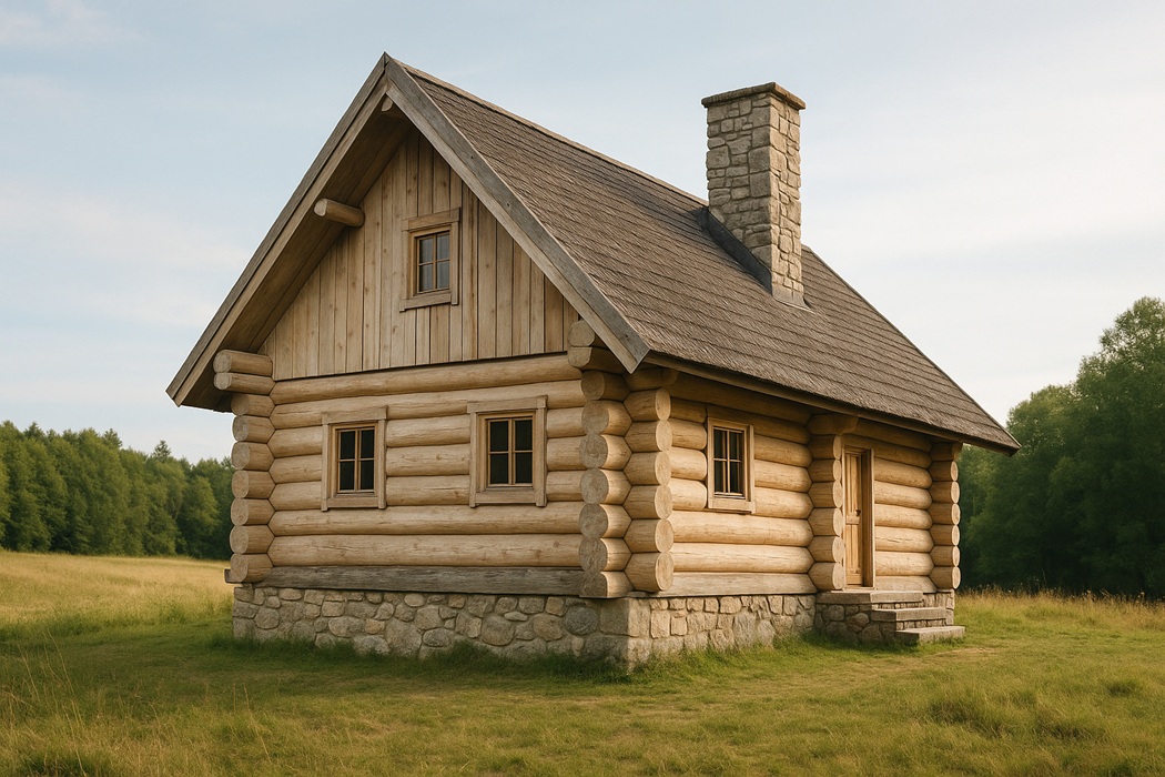 Drewniany dom z bali – jasne, surowe drewno, wysoki dach, małe okna; sielskie łąki i las, panorama dzienna.