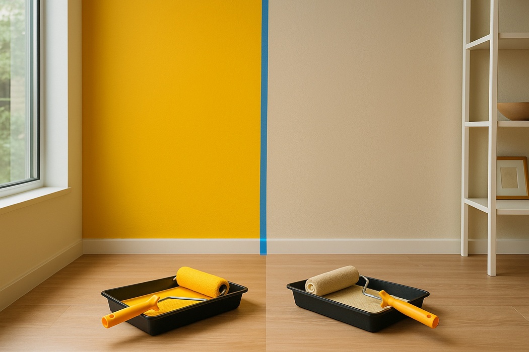 Farba lateksowa czy akrylowa – realistyczne ujęcie „VS” we wnętrzu, ściana pół na pół, wałki i kuwety, naturalne światło.