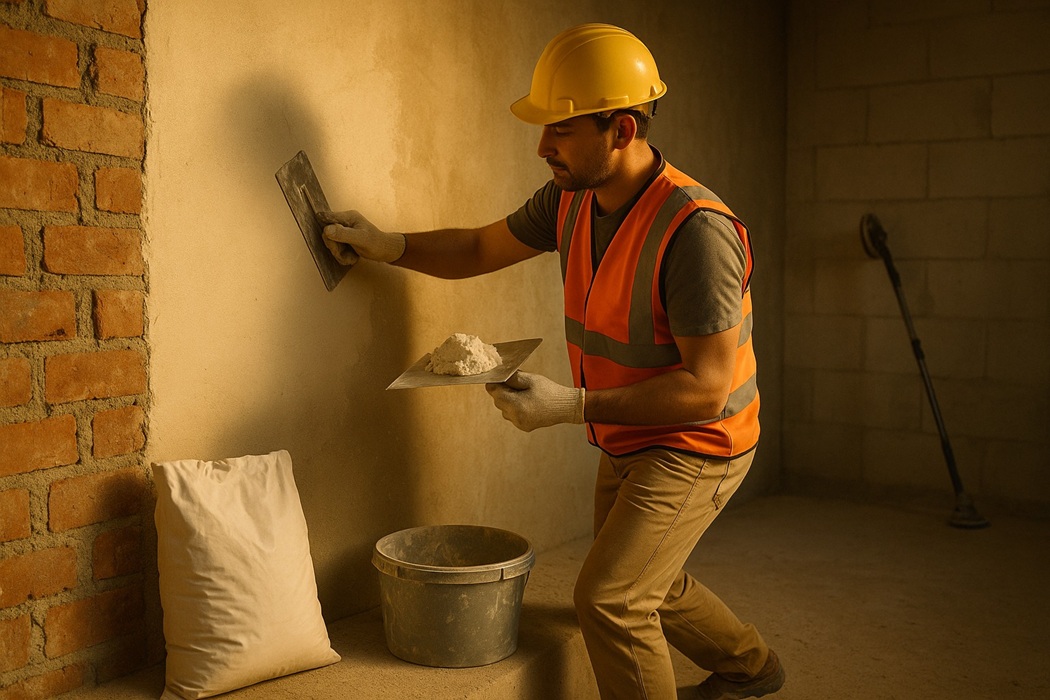 Tynkarz wygładza ścianę gładzią gipsową – prace wykończeniowe we wnętrzu, narzędzia i świeża mieszanka gipsu