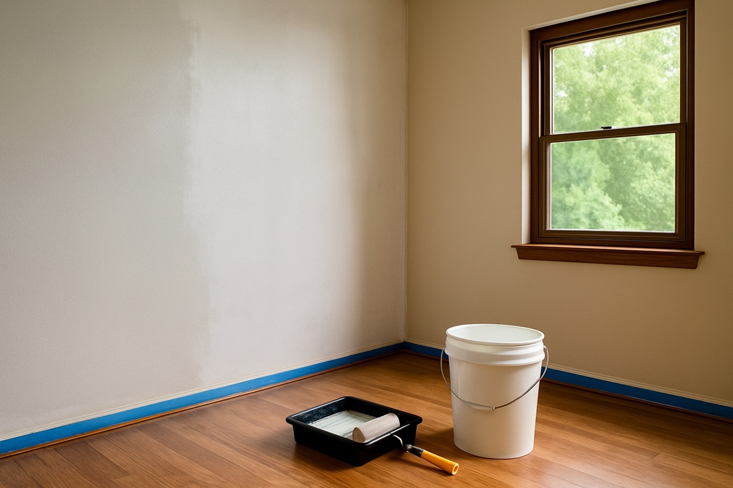 Wnętrze mieszkania – ściana częściowo zagruntowana pod farbę