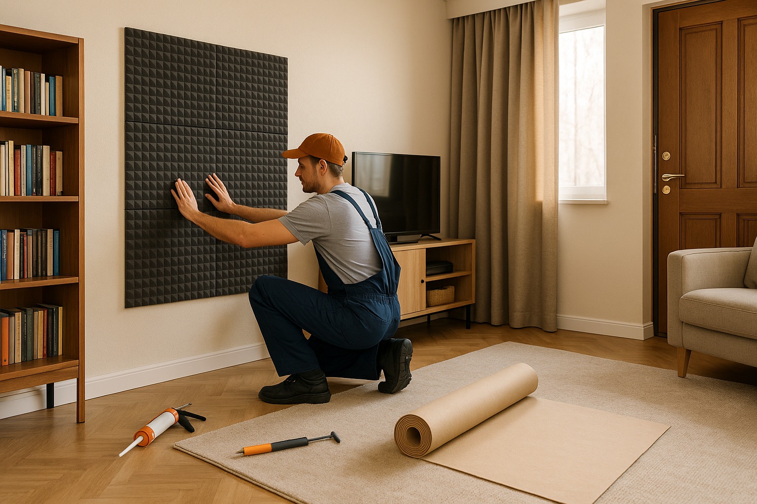 Przykład izolacji akustycznej – mocowanie paneli na ścianie w salonie, narzędzia montażowe na podłodze.