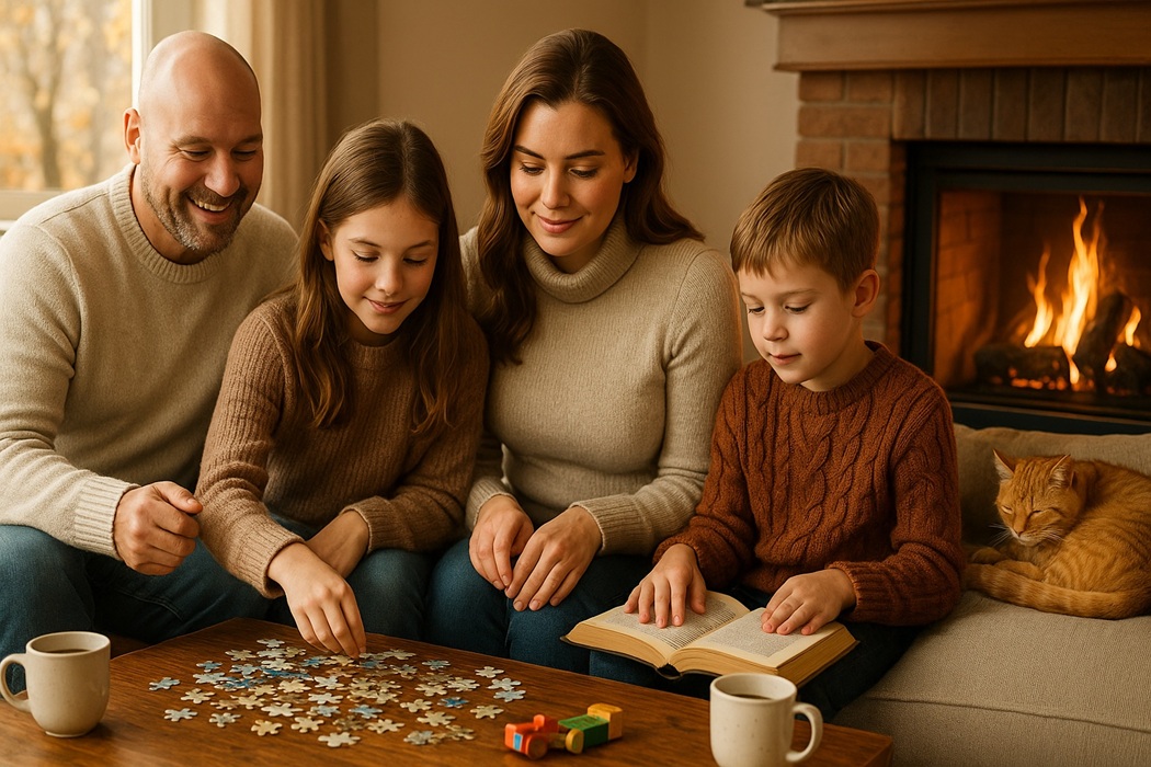 Kominek w salonie jesienią – rodzina na kanapie przy ogniu, puzzle na stoliku, ciepłe, jasne światło.