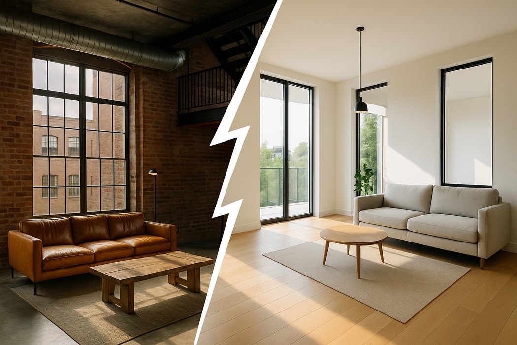 Różnice między loftem a soft loftem – surowa cegła i rury kontra jasne, gładkie wnętrze; szeroki kadr, zygzakowata biała linia pośrodku.