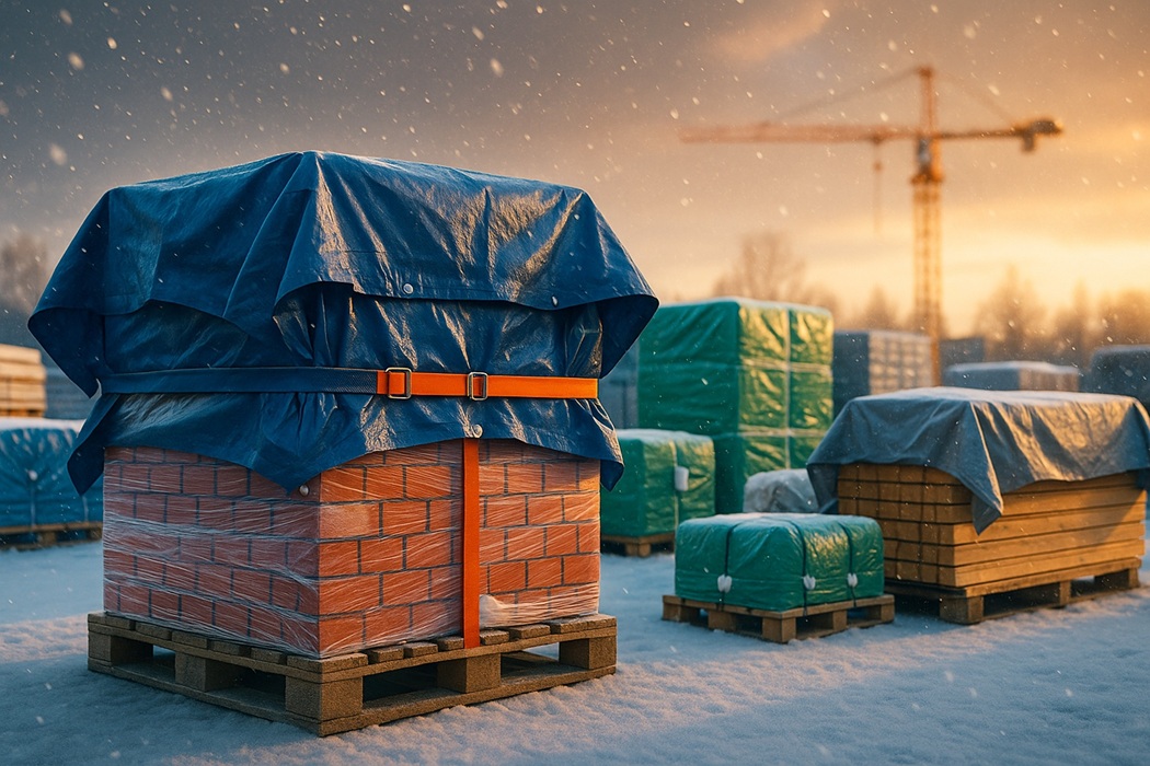 Zabezpieczenie materiałów budowlanych zimą – paleta cegieł pod plandeką, pasy transportowe, drewno na paletach, lekki śnieg.