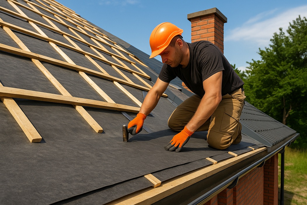 Montaż membrany dachowej na połaci — dekarz układa wstępne krycie na łatach, widoczny komin z cegły.