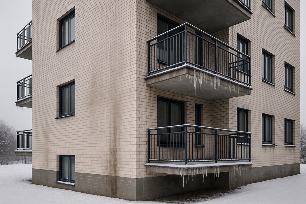 Mostki cieplne w stropach – balkon żelbetowy z soplami i zaciekami zimą