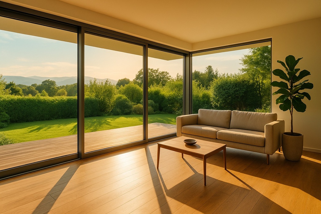 Okna panoramiczne w salonie – duże przeszklenia przesuwne z widokiem na ogród; nowoczesne wnętrze, jasna podłoga, światło popołudnia.