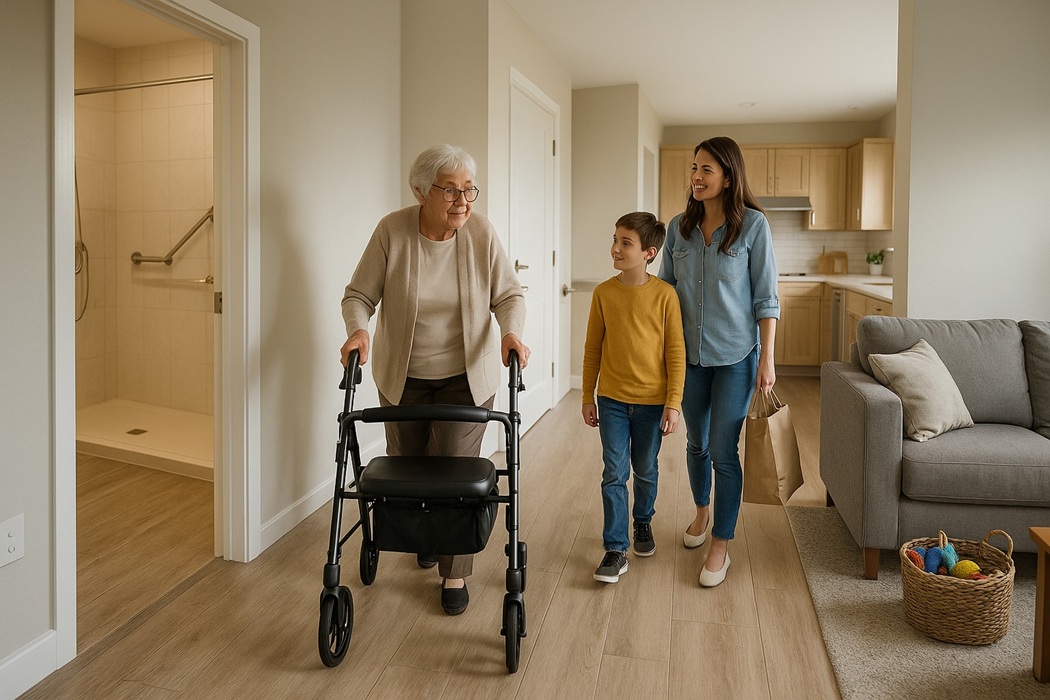 Dom przyjazny seniorom – parterowe wnętrze z szerokimi przejściami; starsza kobieta z rollatorem idzie obok córki i syna; w tle kuchnia oraz łazienka z poręczami i prysznicem bez progu; jasne, naturalnie oświetlone pomieszczenia.