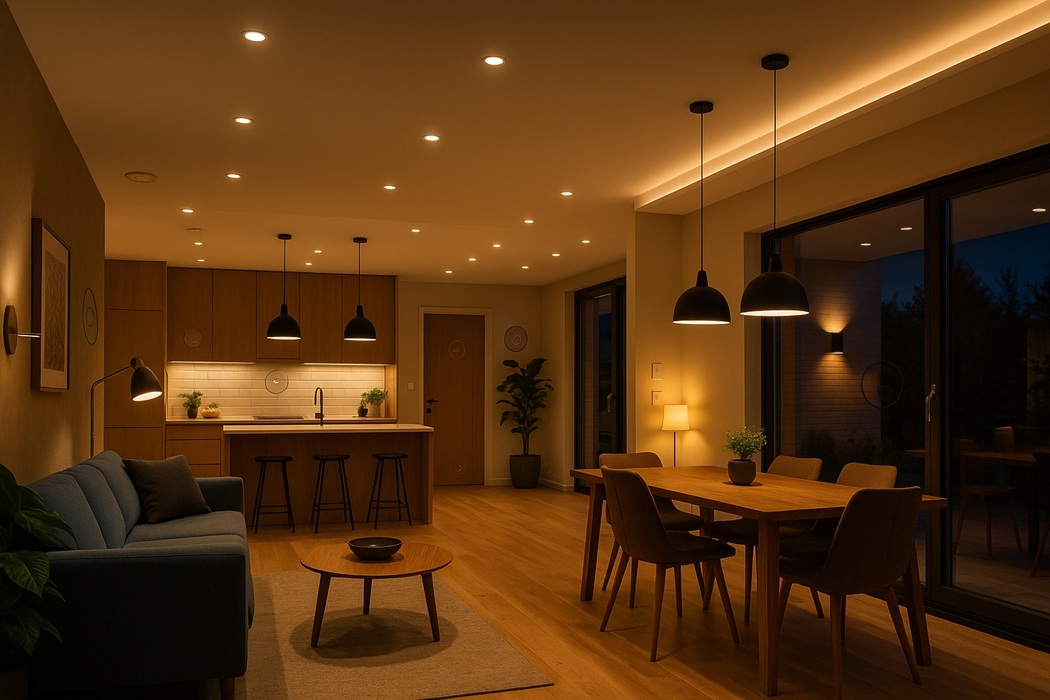 Minimalistyczny salon: oczka sufitowe i taśmy LED podkreślające sufit.