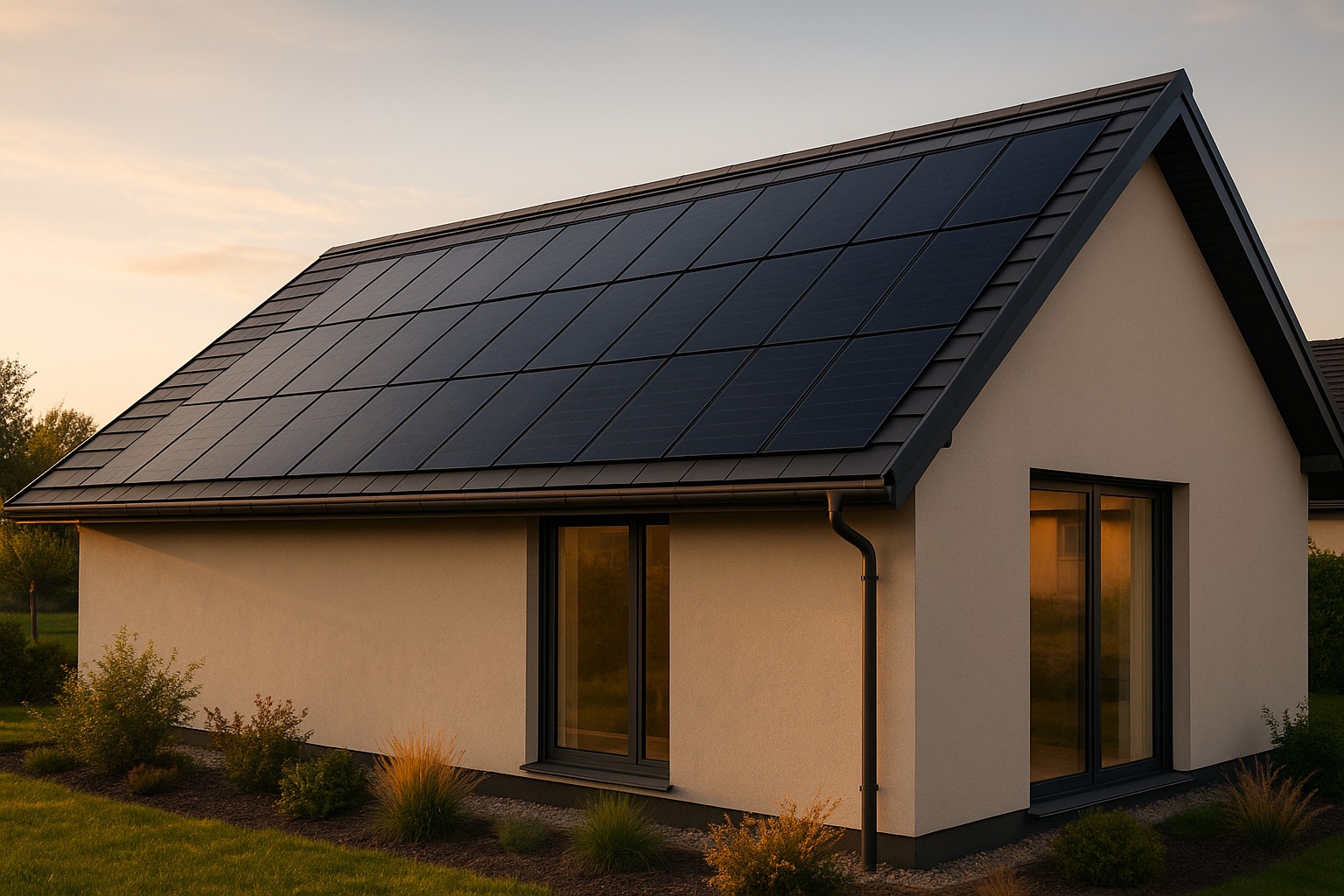 BIPV na dachu domu – zintegrowane panele PV zamiast tradycyjnej dachówki, szeroki realistyczny kadr.