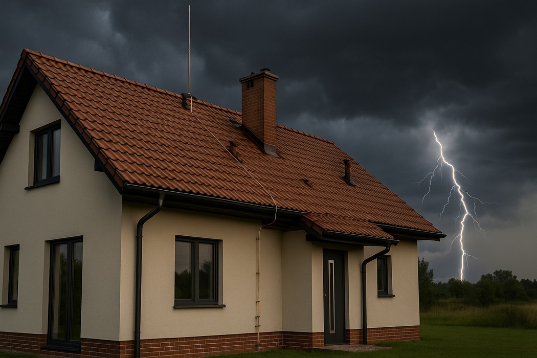 Piorunochron przy domu parterowym z poddaszem – zwód przy kalenicy, burzowe niebo
