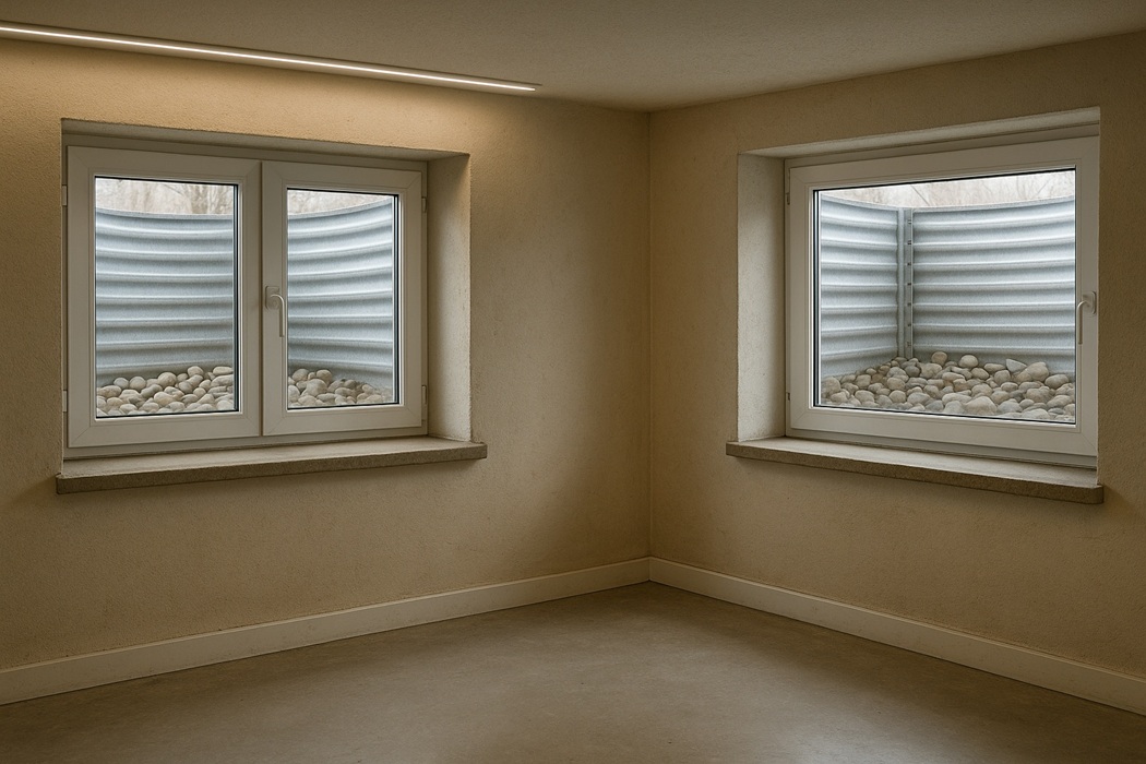 Okna do piwnicy w białych ramach PVC, studnie okienne z blachy i otoczakami – naturalne doświetlenie.