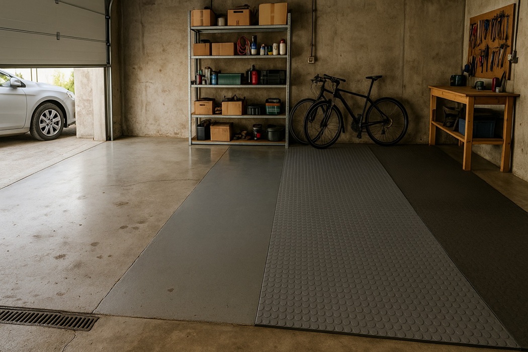 Podłoga w garażu – beton, posadzka epoksydowa i mata gumowa; realistyczne wnętrze z półkami i rowerami, półotwarta brama.
