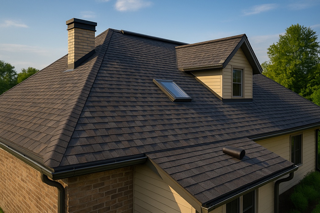 Dom z dachem w gontach bitumicznych, lukarna i świetlik, czyste niebo; wyraźna struktura pokrycia.