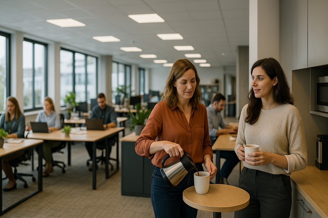 Wellbeing w pracy: krótka przerwa na kawę dwóch pracownic w otwartej przestrzeni biura z zielenią.