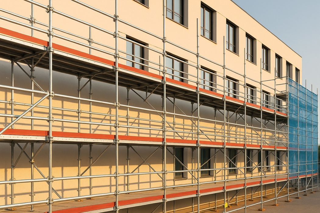 Rusztowania fasadowe na elewacji nowego budynku — stalowe ramy, równe pomosty i niebieska siatka ochronna w jasnym dziennym świetle.