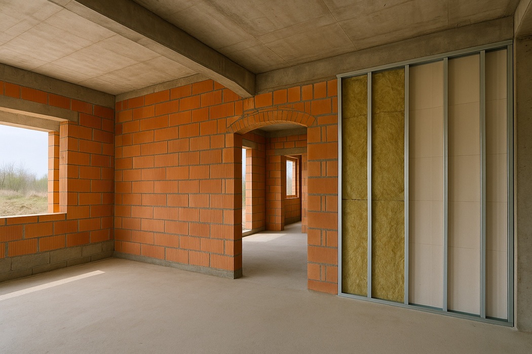 Ściany nośne i działowe – porównanie: murowana ściana z ceramiki vs lekka ścianka z profili stalowych, wełny mineralnej i płyt g-k w domu w budowie.